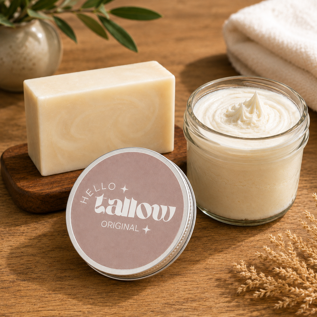 Hello Tallow Original Duo Bundle — Balm + Soap whipped beef tallow balm in a glass jar