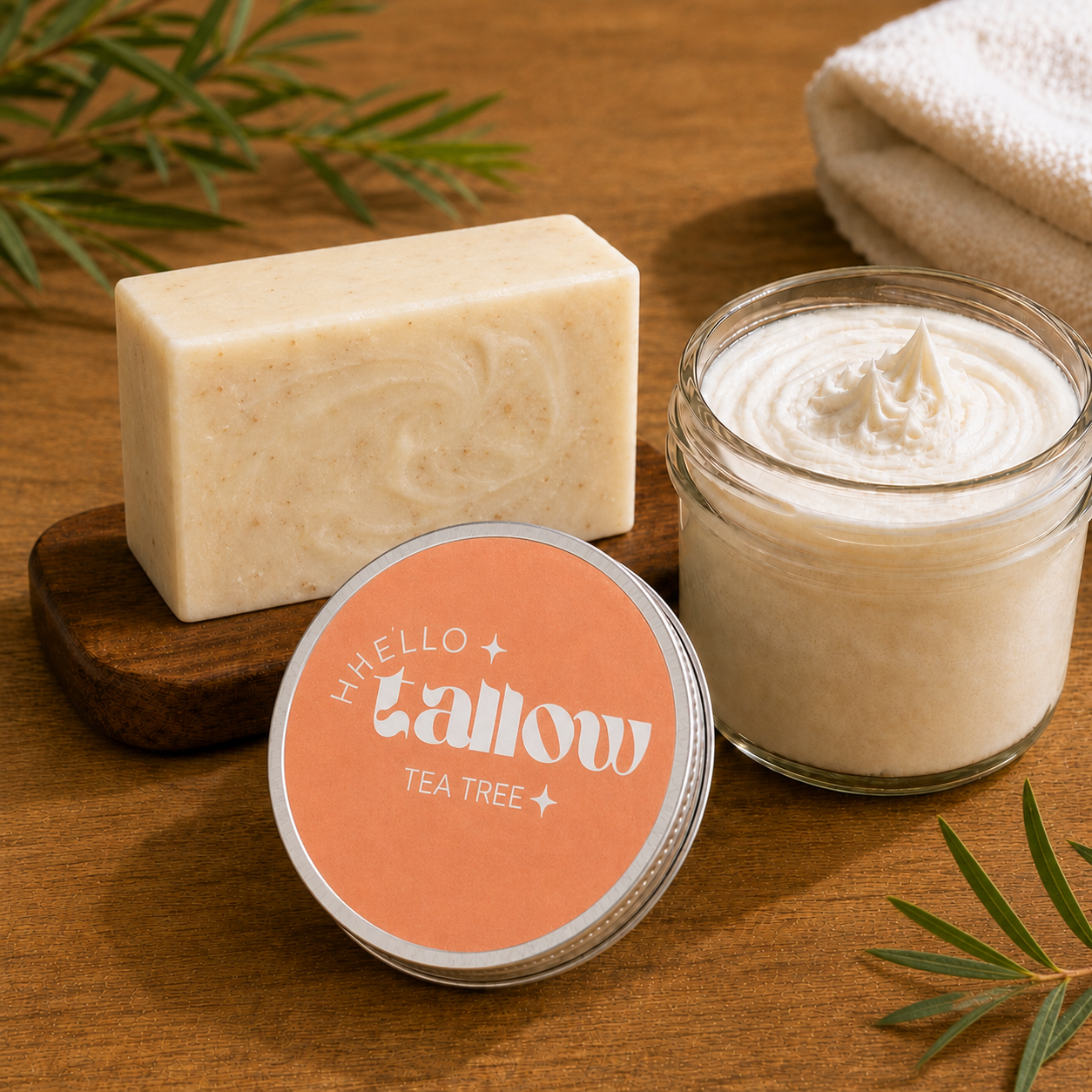 Hello Tallow Tea Tree Duo Bundle — Balm + Soap whipped beef tallow balm in a glass jar