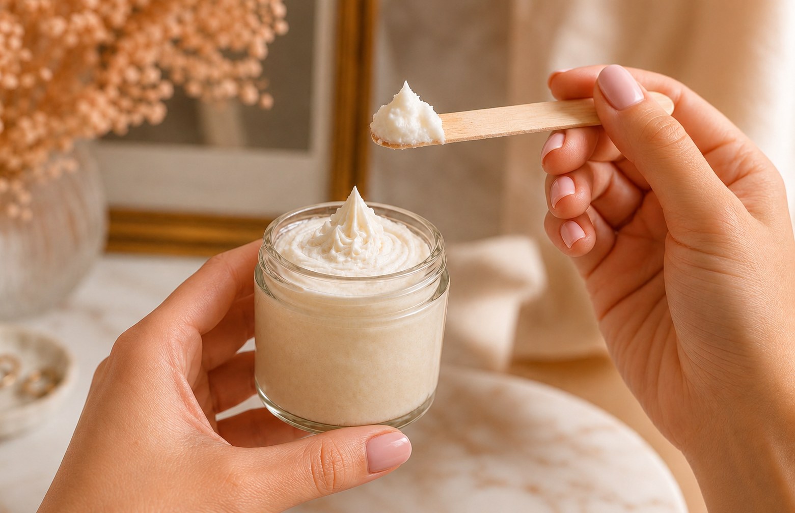 Hands gently applying Hello Tallow whipped tallow cream