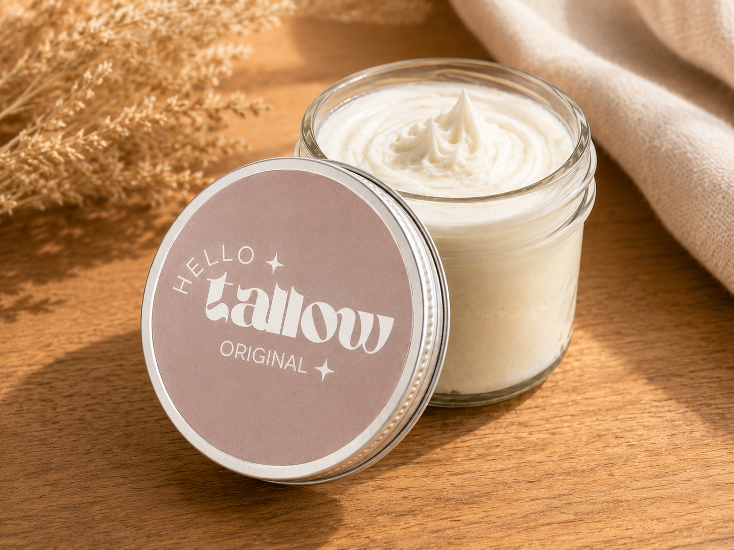 Hello Tallow Original whipped beef tallow balm in a glass jar