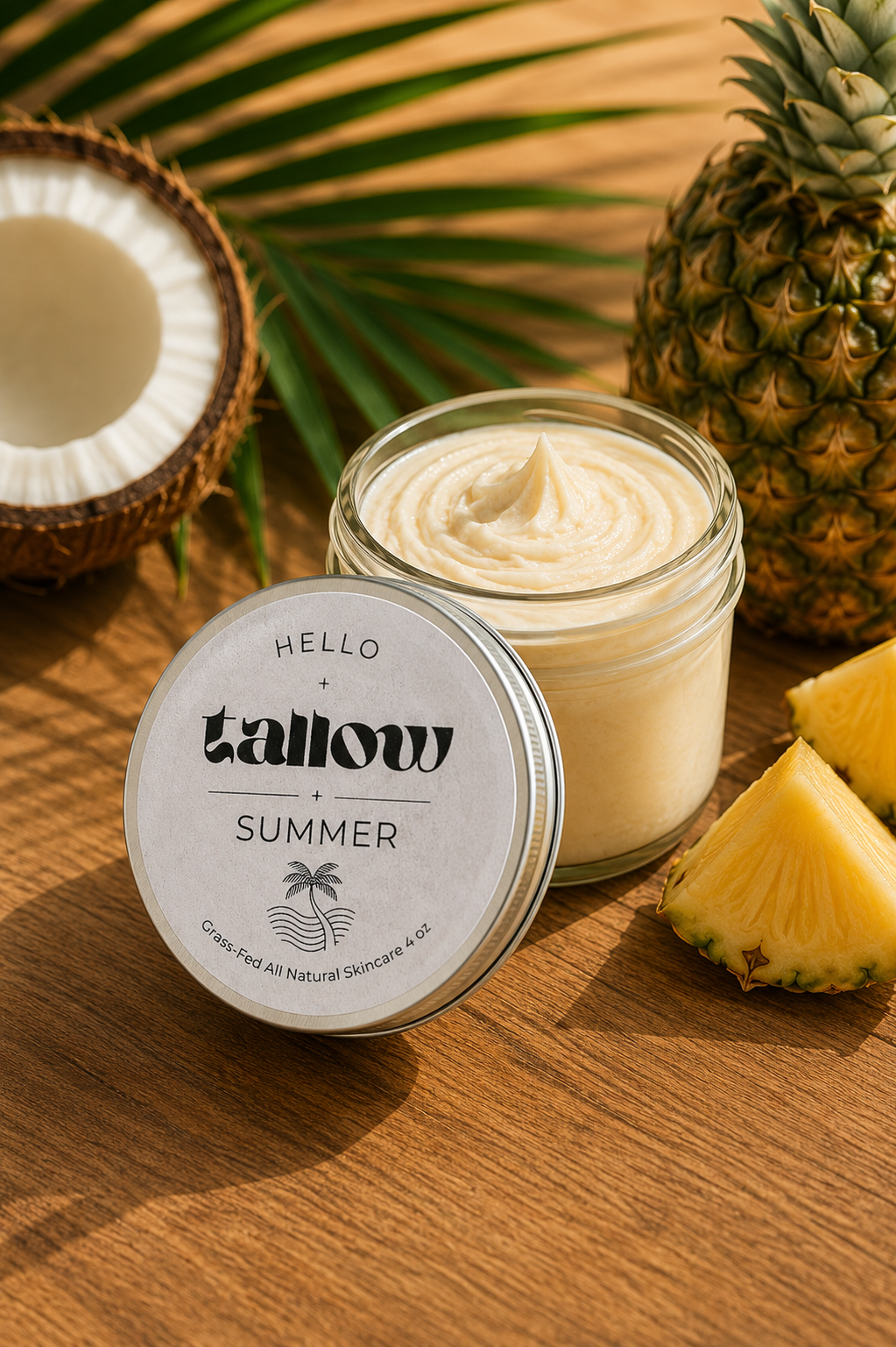 Hello Tallow Summer whipped beef tallow balm in a glass jar